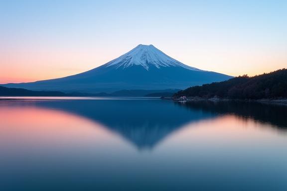 湖に映る雄大な富士山と、静かな風景。
